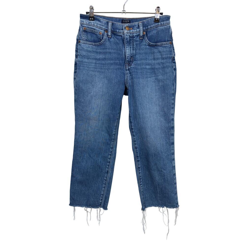 J. Crew Essential Straight Jeans Womens 26P Blue Stretch Raw Hem Frayed Cropped